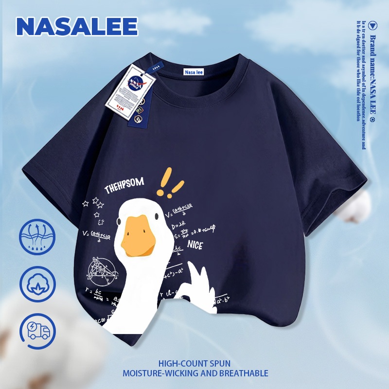 [Giao hàng trong ngày] Áo thun ngắn tay màu trắng dành cho trẻ em NASA Cotton nguyên chất thoáng khí thoải mái Quần áo bé trai bé gái Họa tiết ngỗng dễ thương Hal