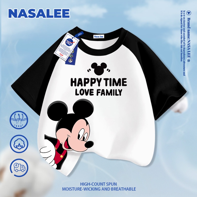 [Giao hàng trong ngày] Áo thun ngắn tay màu trắng dành cho trẻ em NASA Cotton nguyên chất thoáng khí thoải mái Quần áo bé trai bé gái Họa tiết chuột Mickey dễ thương nửa