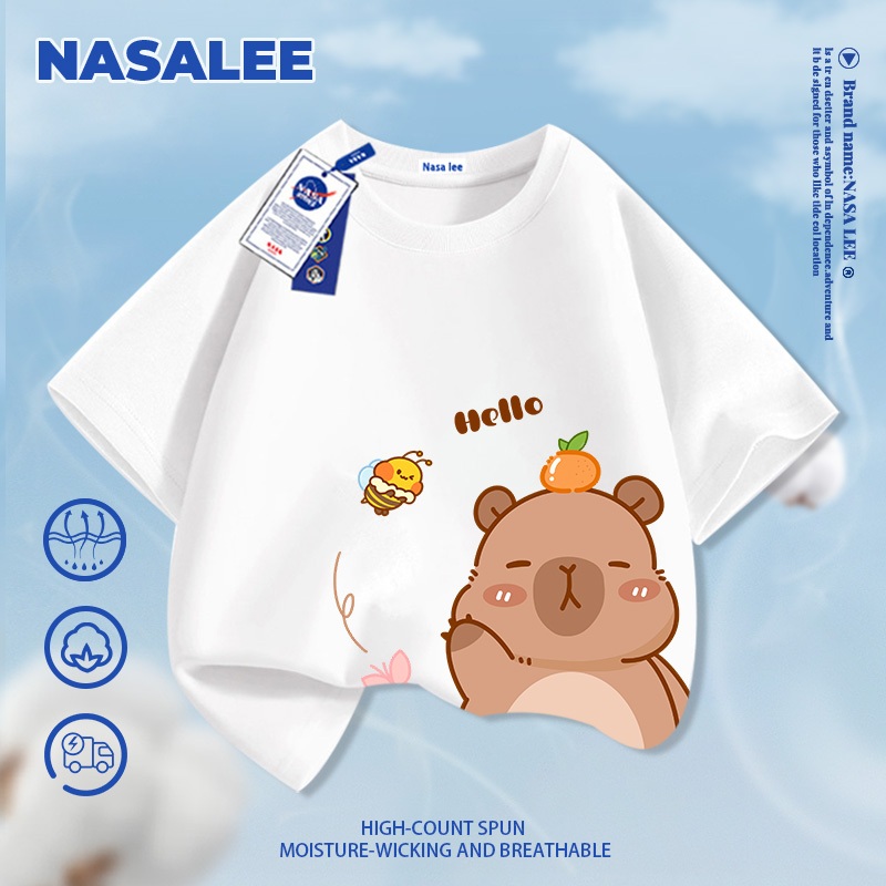 [Giao hàng trong ngày] Áo thun ngắn tay màu trắng dành cho trẻ em NASA Cotton nguyên chất thoáng khí thoải mái Quần áo bé trai bé gái In hình gấu dễ thương nửa tay