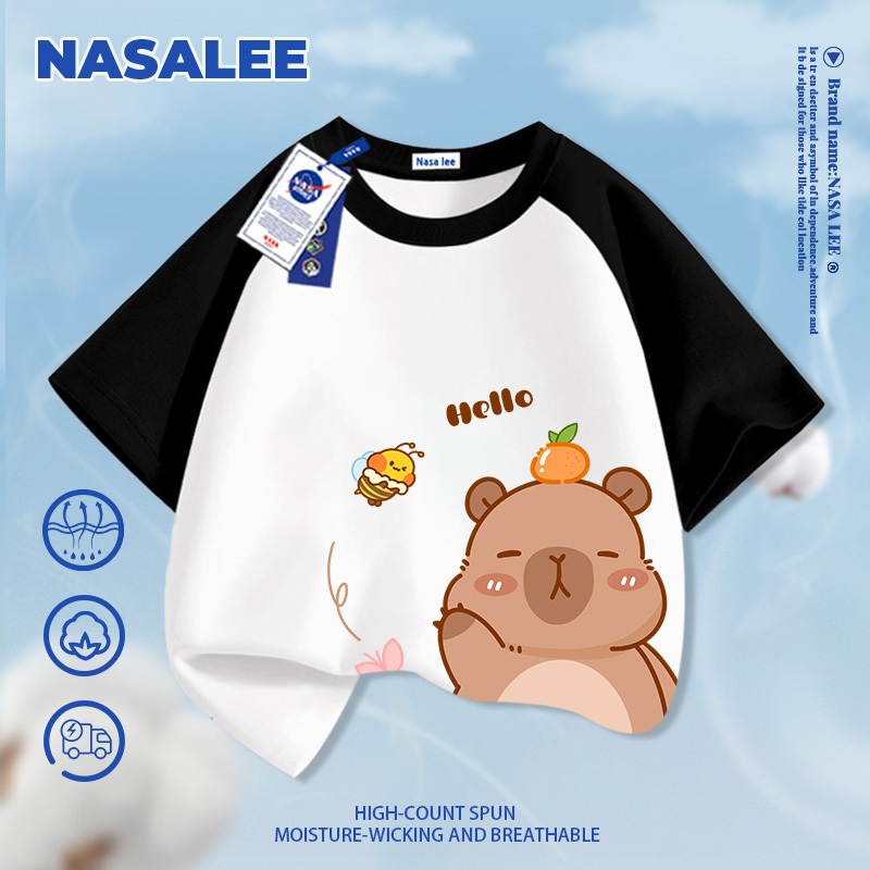 [Giao hàng trong ngày] Áo thun ngắn tay màu trắng dành cho trẻ em NASA Cotton nguyên chất thoáng khí thoải mái Quần áo bé trai bé gái In hình gấu dễ thương nửa tay