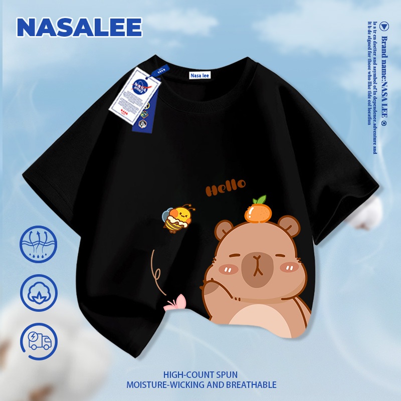 [Giao hàng trong ngày] Áo thun ngắn tay màu trắng dành cho trẻ em NASA Cotton nguyên chất thoáng khí thoải mái Quần áo bé trai bé gái In hình gấu dễ thương nửa tay