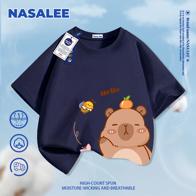 [Giao hàng trong ngày] Áo thun ngắn tay màu trắng dành cho trẻ em NASA Cotton nguyên chất thoáng khí thoải mái Quần áo bé trai bé gái In hình gấu dễ thương nửa tay