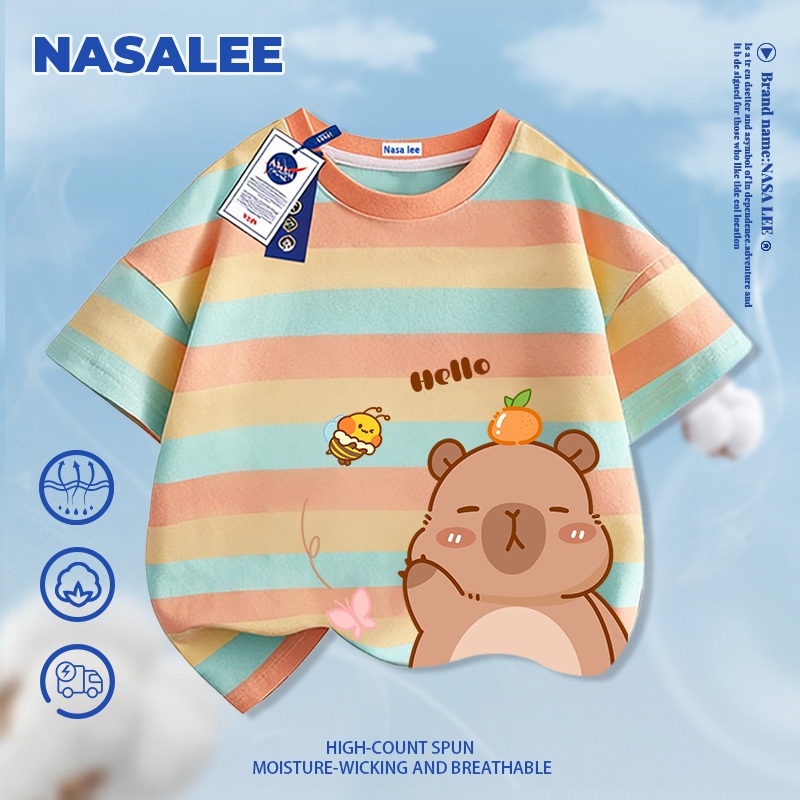 [Giao hàng trong ngày] Áo thun ngắn tay màu trắng dành cho trẻ em NASA Cotton nguyên chất thoáng khí thoải mái Quần áo bé trai bé gái In hình gấu dễ thương nửa tay