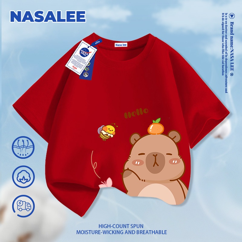[Giao hàng trong ngày] Áo thun ngắn tay màu trắng dành cho trẻ em NASA Cotton nguyên chất thoáng khí thoải mái Quần áo bé trai bé gái In hình gấu dễ thương nửa tay