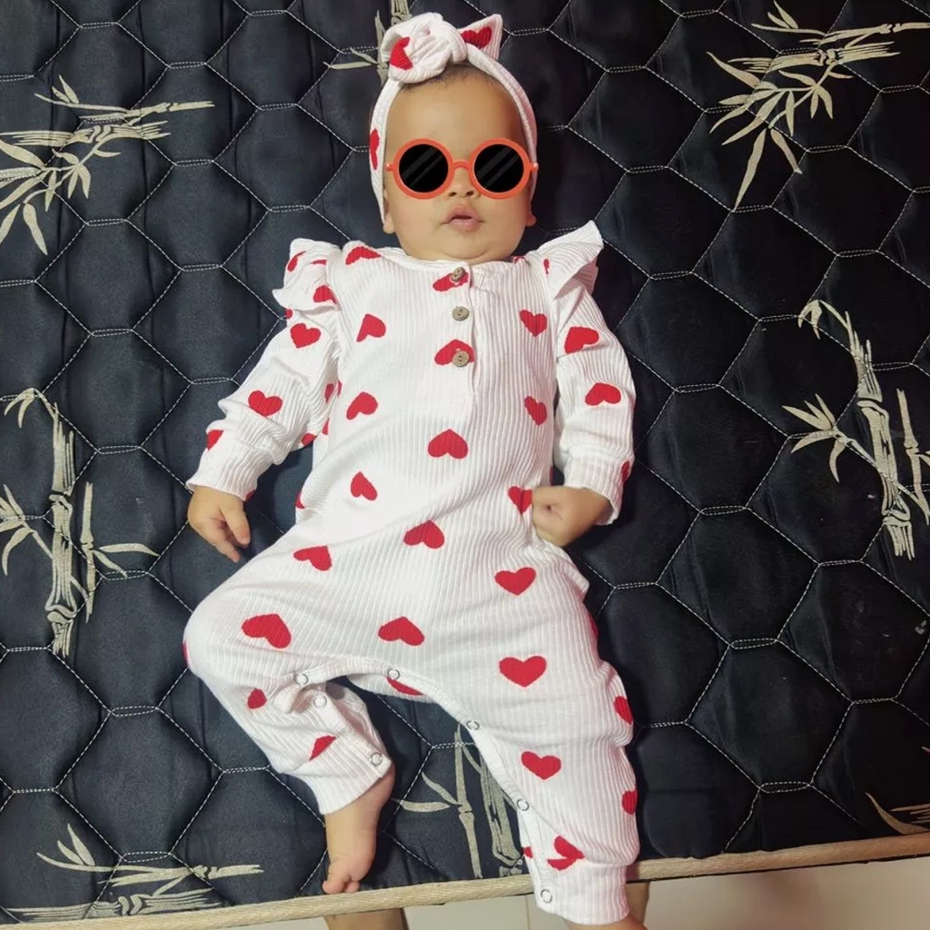 Bộ Áo Liền Quần Tay Dài Cổ Tròn In Hình Trái Tim Phối Nơ + Băng Đô Cài Tóc Màu Hồng / Trắng Thời Trang Cho Bé Gái 0-18 Tháng Tuổi