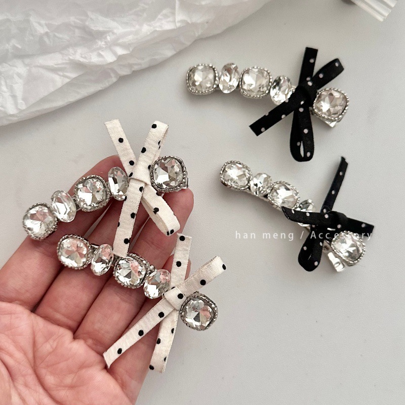 Kẹp tóc Zircon chấm bi đen trắng thời trang Hàn Quốc