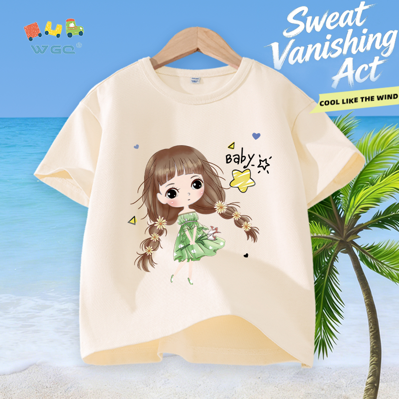 W.G.Q Áo thun bé gái，vải Cotton nguyên chất in hình cô gái dễ thương，mềm mại thoải mái，thấm mồ hôi thoáng khí，phong cách bán chạy mùa hè