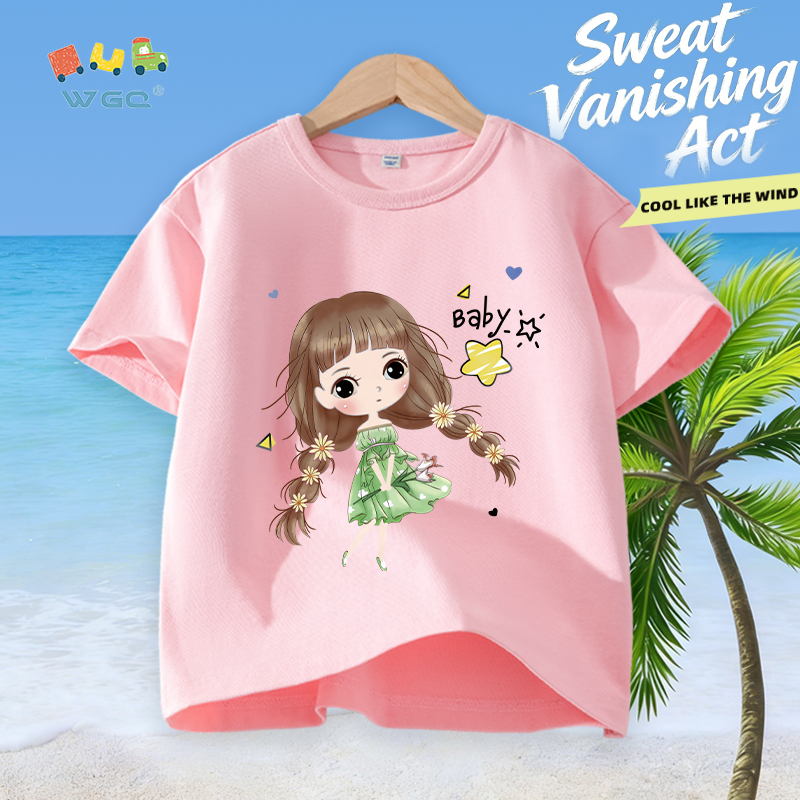 W.G.Q Áo thun bé gái，vải Cotton nguyên chất in hình cô gái dễ thương，mềm mại thoải mái，thấm mồ hôi thoáng khí，phong cách bán chạy mùa hè
