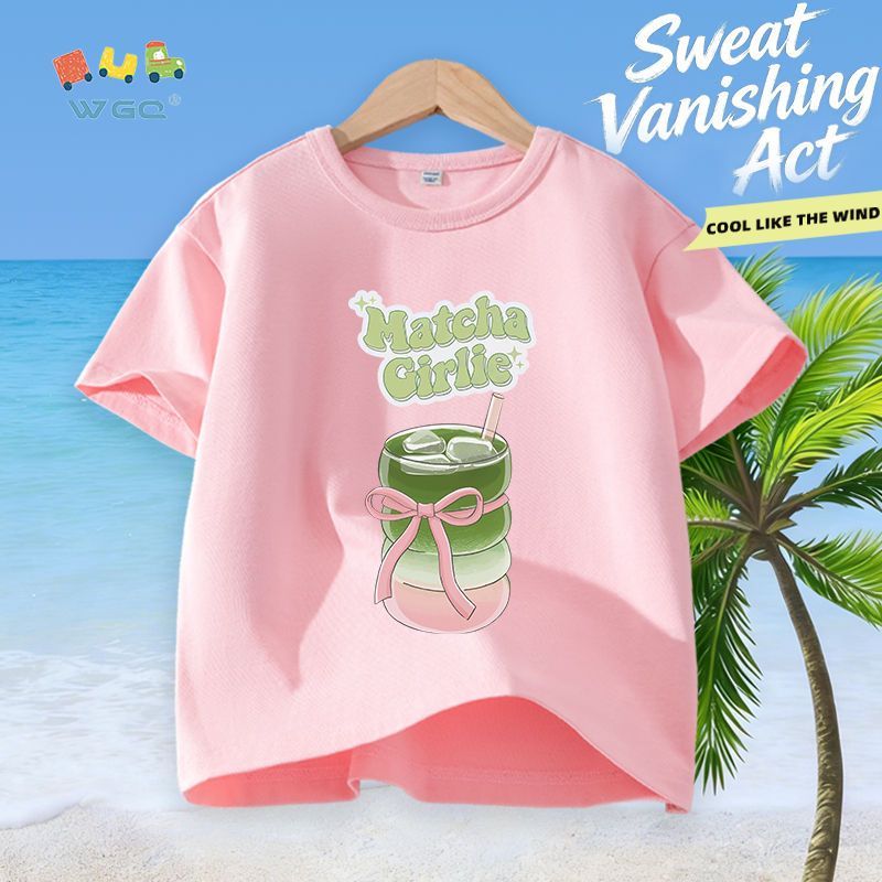 W.G.Q Áo thun bé gái，vải Cotton nguyên chất in cốc nước，mềm mại thoải mái，thấm mồ hôi thoáng khí，phong cách bán chạy mùa hè