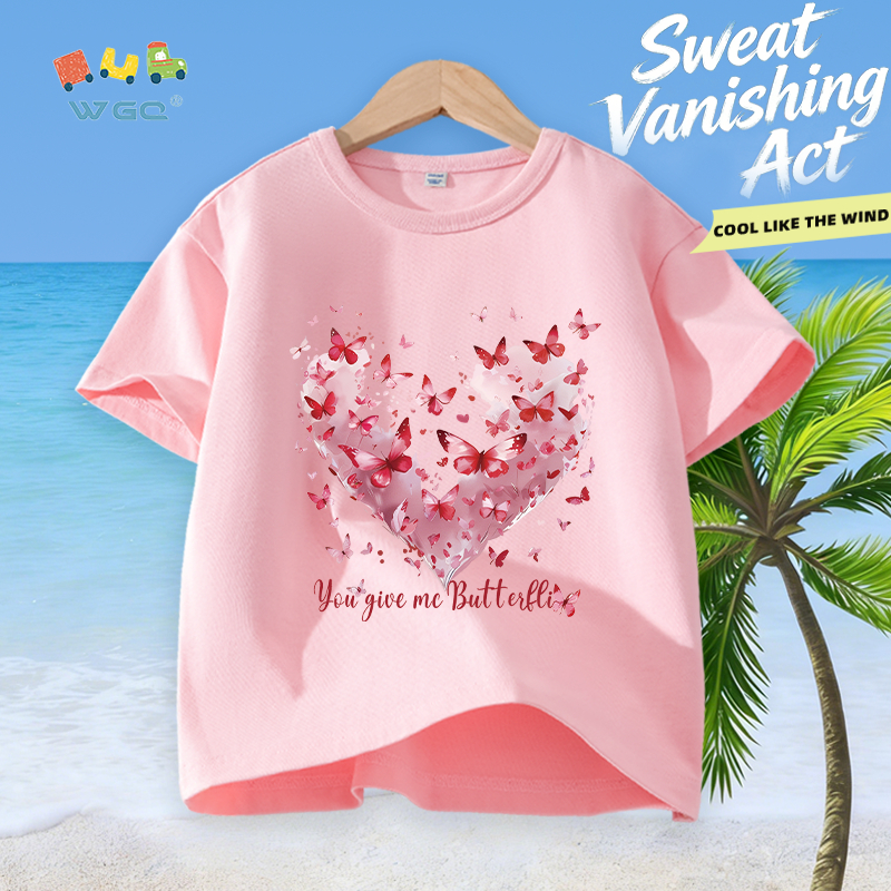 W.G.Q Áo thun bé gái，vải Cotton 100% in hình trái tim，mềm mại thoải mái，thấm mồ hôi thoáng khí，phong cách bán chạy mùa hè