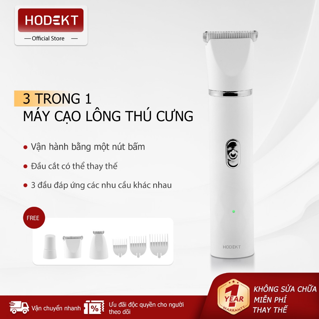 Máy Cắt Lông Thú Cưng 3 Trong 1 HODEKT, 3 Đầu Cắt, Lưỡi Gốm Bo Tròn, Pin 800mAh, Sạc Type-C, Êm Ái