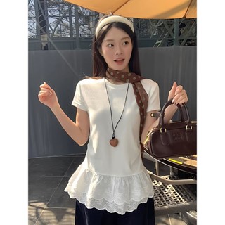 TINRRY ~ Áo thun dài tay khâu ren cổ tròn kiểu Pháp