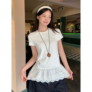 TINRRY ~ Áo thun dài tay khâu ren cổ tròn kiểu Pháp