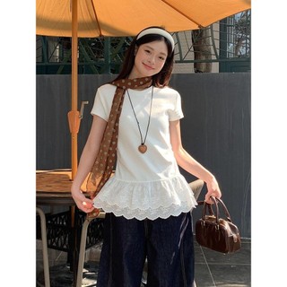 TINRRY ~ Áo thun dài tay khâu ren cổ tròn kiểu Pháp