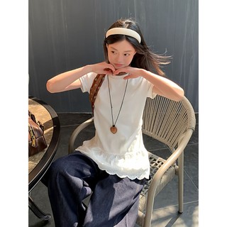 TINRRY ~ Áo thun dài tay khâu ren cổ tròn kiểu Pháp