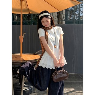 TINRRY ~ Áo thun dài tay khâu ren cổ tròn kiểu Pháp