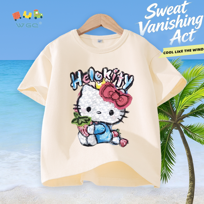 W.G.Q Áo thun bé gái，vải Cotton nguyên chất in hình Hello Kitty，mềm mại thoải mái，thấm mồ hôi thoáng khí，phong cách bán chạy mùa hè