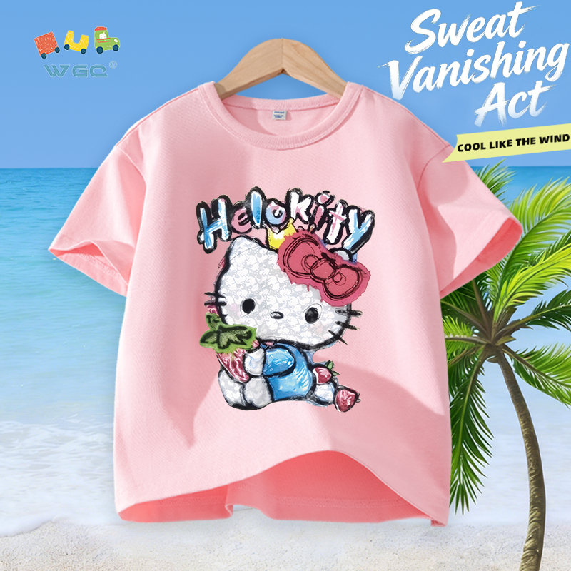 W.G.Q Áo thun bé gái，vải Cotton nguyên chất in hình Hello Kitty，mềm mại thoải mái，thấm mồ hôi thoáng khí，phong cách bán chạy mùa hè