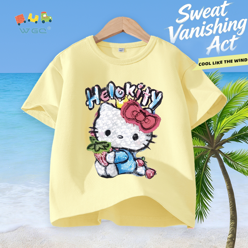 W.G.Q Áo thun bé gái，vải Cotton nguyên chất in hình Hello Kitty，mềm mại thoải mái，thấm mồ hôi thoáng khí，phong cách bán chạy mùa hè