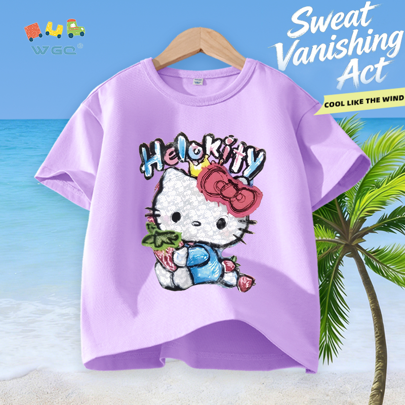 W.G.Q Áo thun bé gái，vải Cotton nguyên chất in hình Hello Kitty，mềm mại thoải mái，thấm mồ hôi thoáng khí，phong cách bán chạy mùa hè