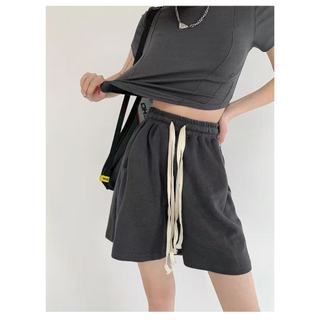 Quần short thể thao nữ cotton mỏng dây rút co giãn eo cao suống ống suông 5 phân phong cách cá tính đường phố Y2K mùa hè