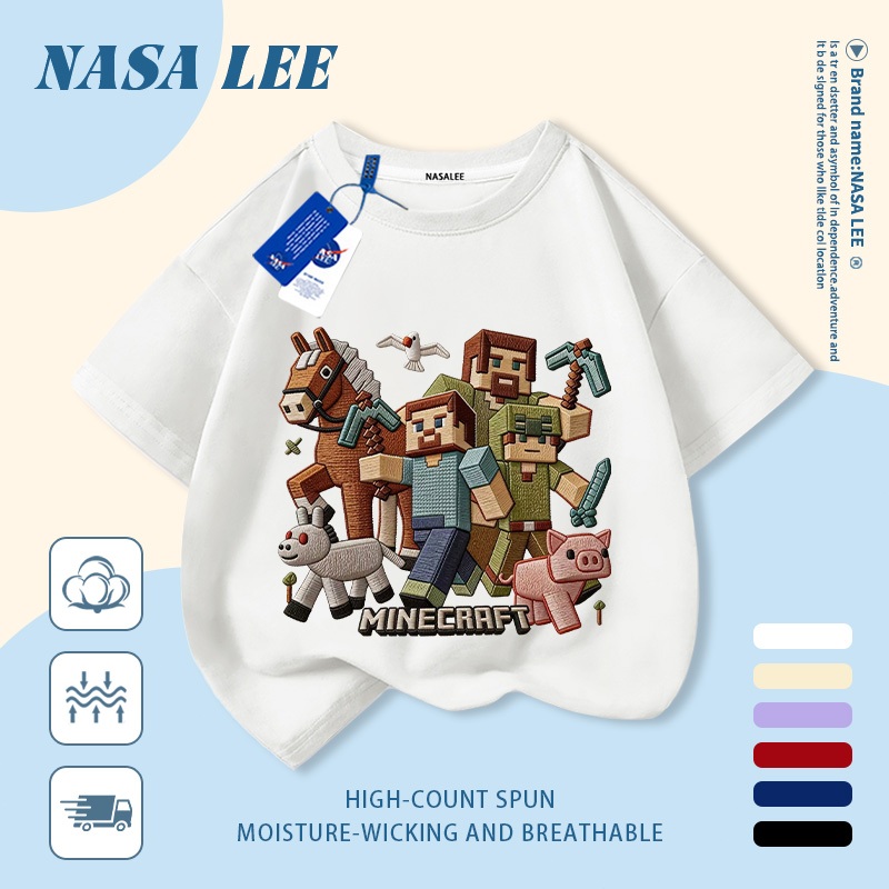 [Giao hàng trong ngày] Áo thun Cotton trắng nguyên chất thoáng khí cho trẻ em của NASA Plui Puppy In hợp thời trang 3-16 tuổi Bé trai bé gái tay ngắn thông thường 2