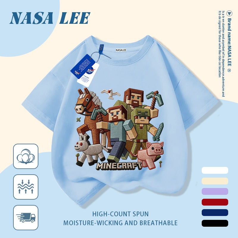[Giao hàng trong ngày] Áo thun Cotton trắng nguyên chất thoáng khí cho trẻ em của NASA Plui Puppy In hợp thời trang 3-16 tuổi Bé trai bé gái tay ngắn thông thường 2