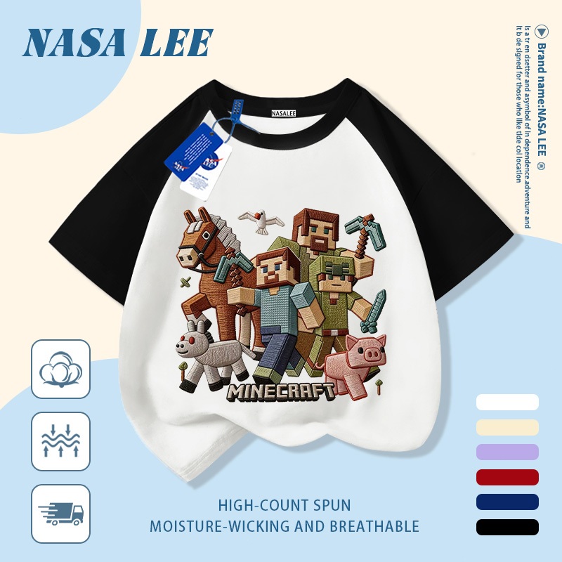 [Giao hàng trong ngày] Áo thun Cotton trắng nguyên chất thoáng khí cho trẻ em của NASA Plui Puppy In hợp thời trang 3-16 tuổi Bé trai bé gái tay ngắn thông thường 2