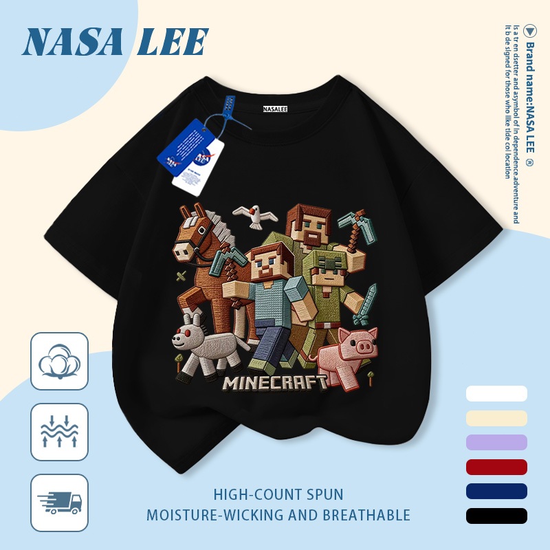 [Giao hàng trong ngày] Áo thun Cotton trắng nguyên chất thoáng khí cho trẻ em của NASA Plui Puppy In hợp thời trang 3-16 tuổi Bé trai bé gái tay ngắn thông thường 2