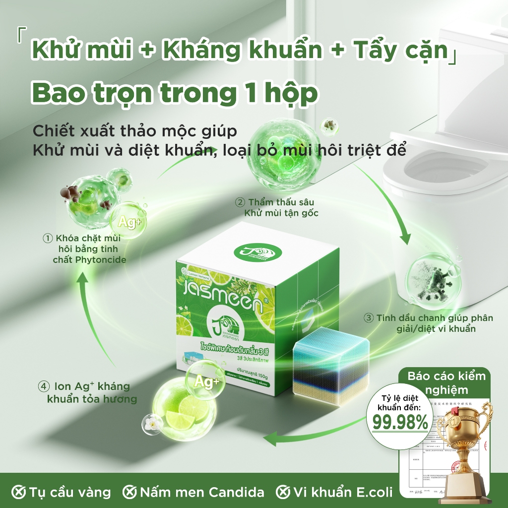 [Bản Nâng Cấp] viên thả bồn cầu 3 màu JASMEEN - làm sạch sâu mảng  bám, vết ố vàng, diệt khuẩn, thơm mát