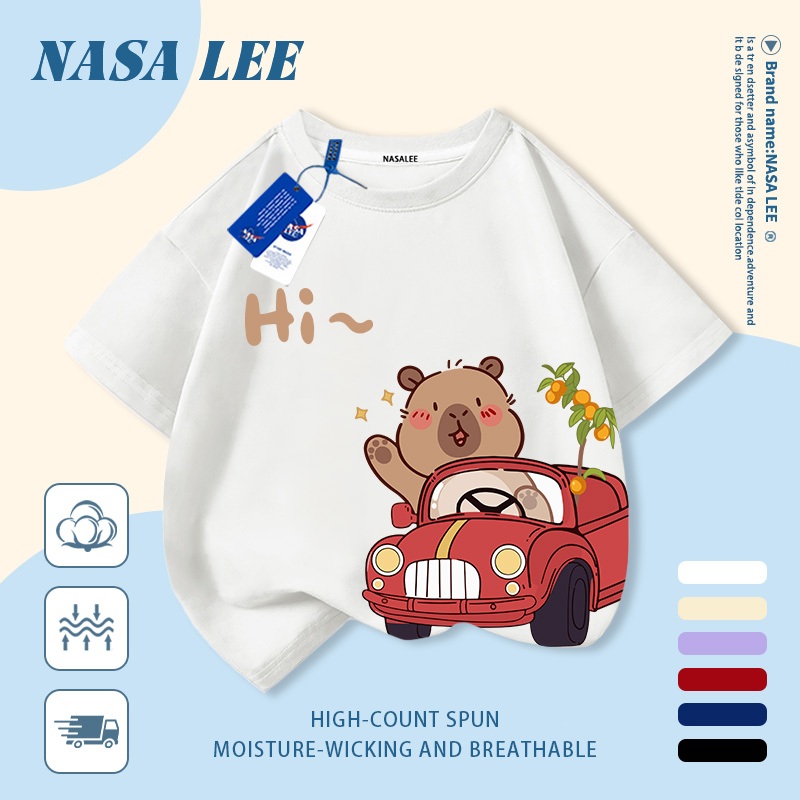 [Giao hàng trong ngày] Áo thun Cotton nguyên chất màu trắng cho trẻ em NASA Kabibella Lái xe in hợp thời trang 3-16 tuổi Bé trai bé gái tay ngắn thông thường 2