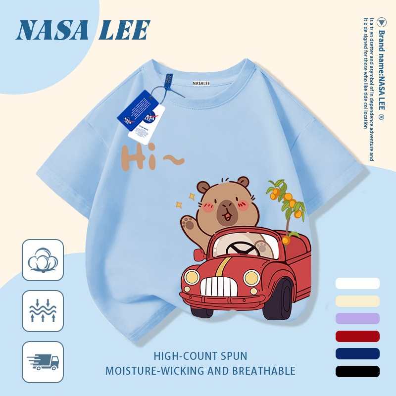 [Giao hàng trong ngày] Áo thun Cotton nguyên chất màu trắng cho trẻ em NASA Kabibella Lái xe in hợp thời trang 3-16 tuổi Bé trai bé gái tay ngắn thông thường 2