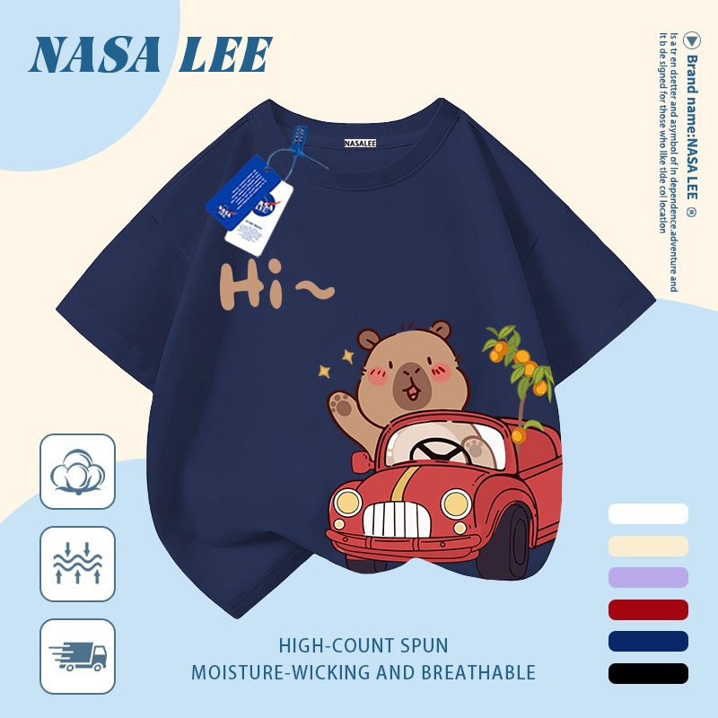 [Giao hàng trong ngày] Áo thun Cotton nguyên chất màu trắng cho trẻ em NASA Kabibella Lái xe in hợp thời trang 3-16 tuổi Bé trai bé gái tay ngắn thông thường 2