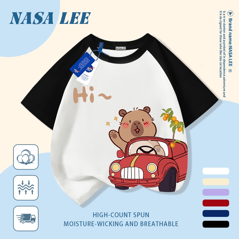 [Giao hàng trong ngày] Áo thun Cotton nguyên chất màu trắng cho trẻ em NASA Kabibella Lái xe in hợp thời trang 3-16 tuổi Bé trai bé gái tay ngắn thông thường 2