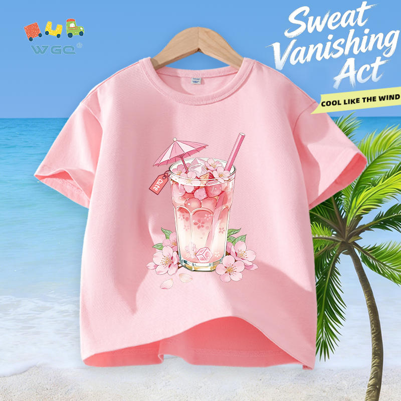 W.G.Q Áo thun bé gái，vải 100% Cotton in hình hoa anh đào，mềm mại thoải mái，thấm mồ hôi thoáng khí，bán chạy mùa hè