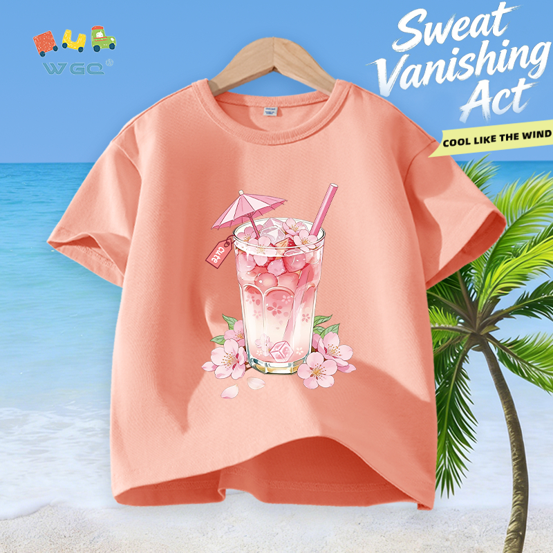 W.G.Q Áo thun bé gái，vải 100% Cotton in hình hoa anh đào，mềm mại thoải mái，thấm mồ hôi thoáng khí，bán chạy mùa hè