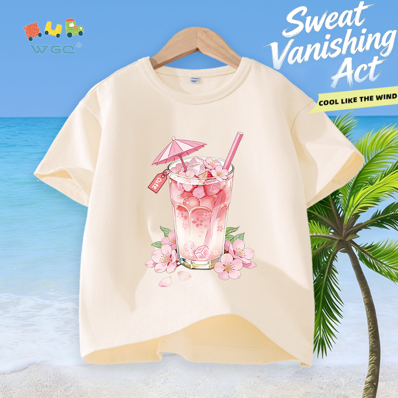 W.G.Q Áo thun bé gái，vải 100% Cotton in hình hoa anh đào，mềm mại thoải mái，thấm mồ hôi thoáng khí，bán chạy mùa hè