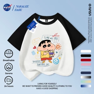 Áo thun ngắn tay NASA in hình Shin Cậu Bé Bút Chì cho trẻ em, áo thun hoạt hình mùa hè cho trẻ em.