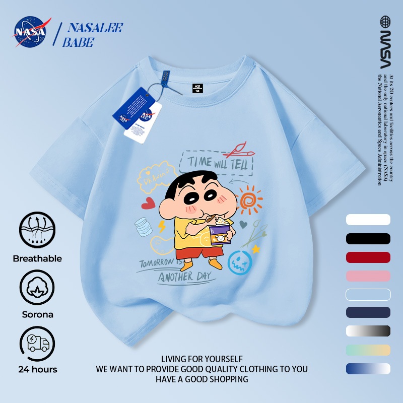 Áo thun ngắn tay NASA in hình Shin Cậu Bé Bút Chì cho trẻ em, áo thun hoạt hình mùa hè cho trẻ em.