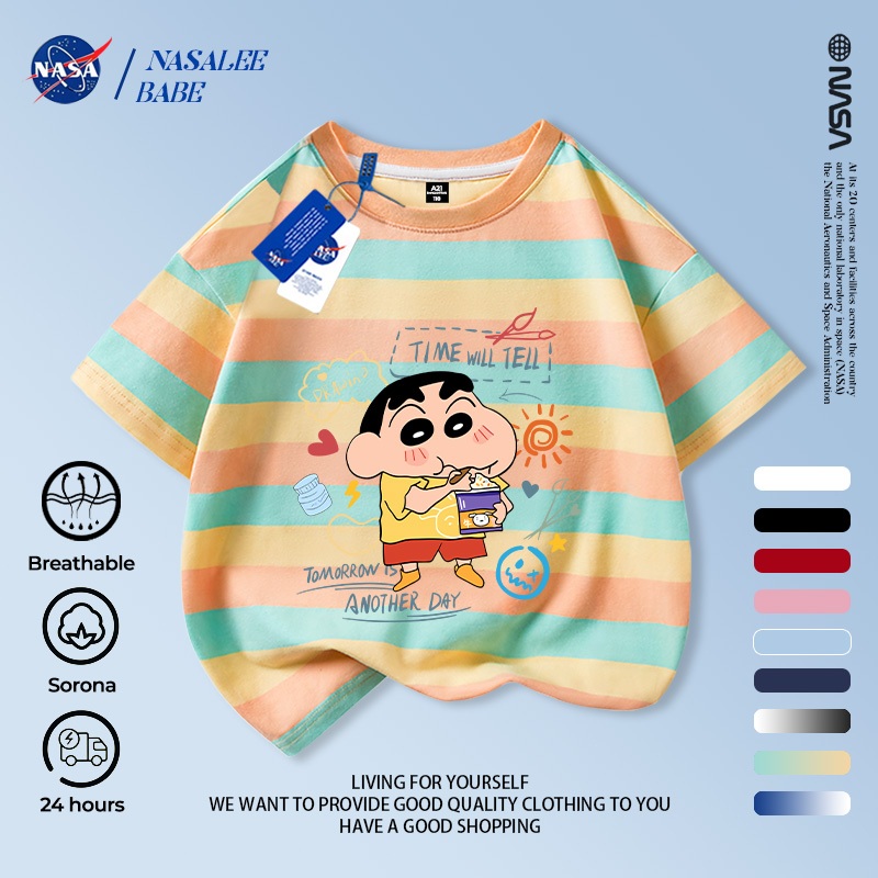 Áo thun ngắn tay NASA in hình Shin Cậu Bé Bút Chì cho trẻ em, áo thun hoạt hình mùa hè cho trẻ em.
