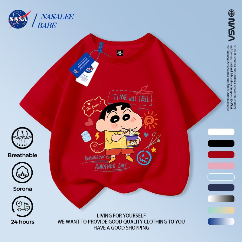 Áo thun ngắn tay NASA in hình Shin Cậu Bé Bút Chì cho trẻ em, áo thun hoạt hình mùa hè cho trẻ em.