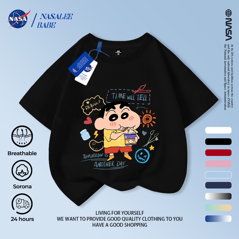 Áo thun ngắn tay NASA in hình Shin Cậu Bé Bút Chì cho trẻ em, áo thun hoạt hình mùa hè cho trẻ em.
