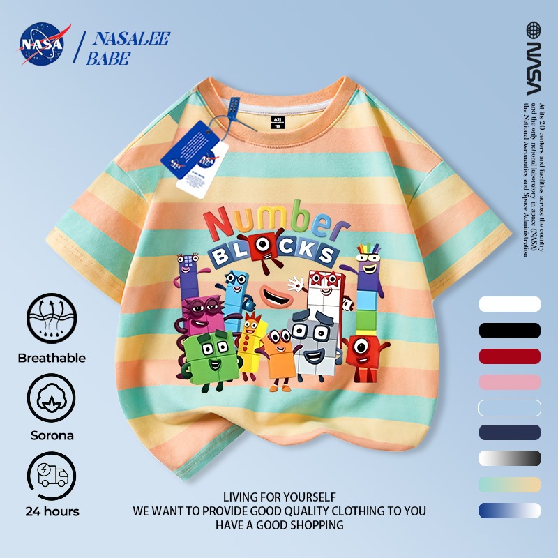 Áo thun ngắn tay NASA in hình hoạt hình cho trẻ em, áo thun cotton mùa hè cho trẻ em.