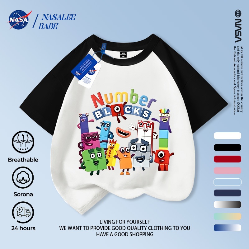 Áo thun ngắn tay NASA in hình hoạt hình cho trẻ em, áo thun cotton mùa hè cho trẻ em.