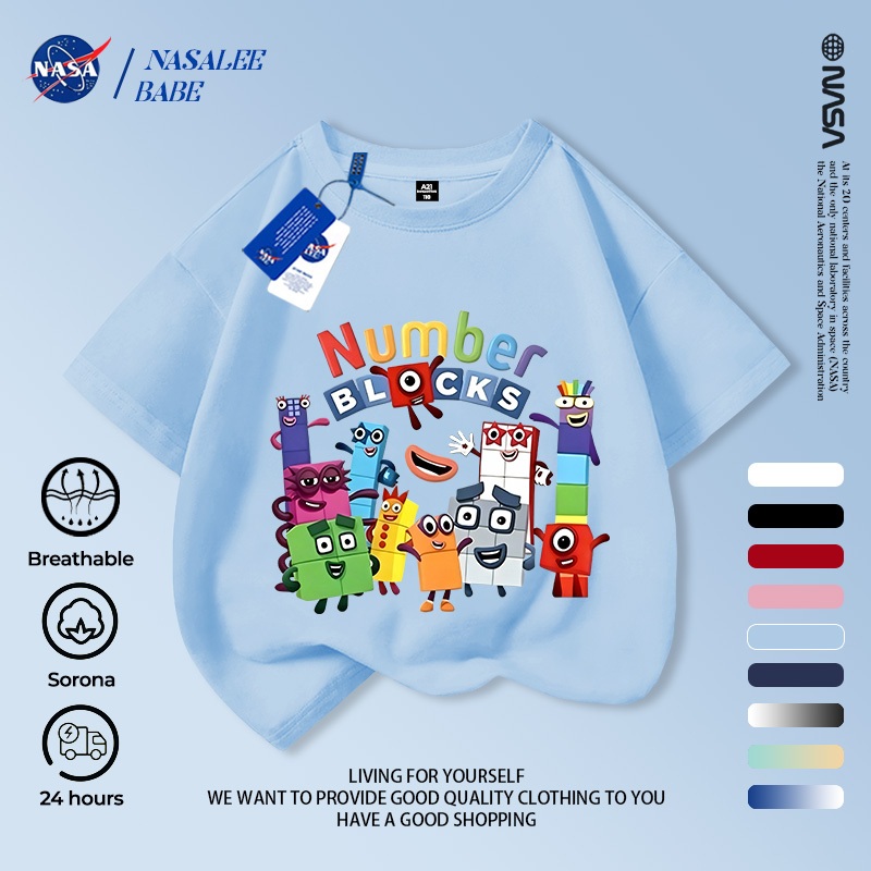Áo thun ngắn tay NASA in hình hoạt hình cho trẻ em, áo thun cotton mùa hè cho trẻ em.