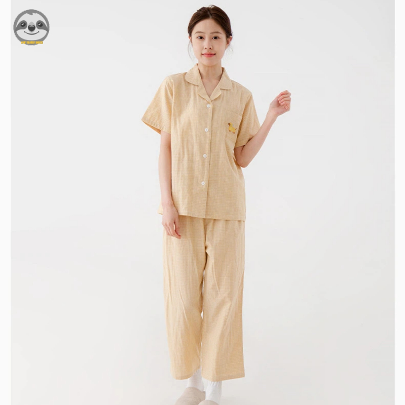 Bộ đồ ngủ sọc cotton nguyên chất hai lớp, quần short ngắn tay, mềm mại thoải mái, mặc ngoài hoặc ở nhà