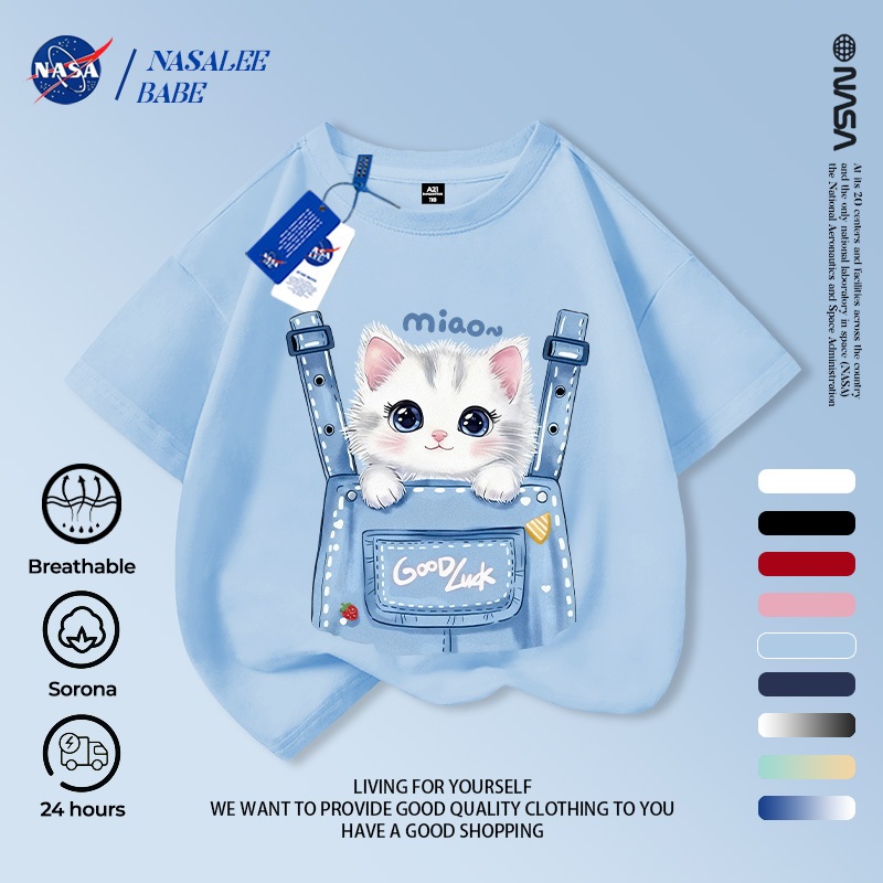 Áo thun ngắn tay NASA in hình hoạt hình cho trẻ em, áo thun cotton mùa hè cho trẻ em