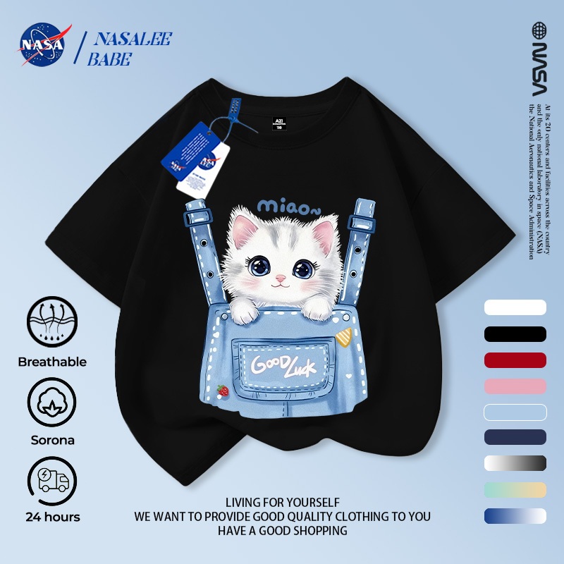 Áo thun ngắn tay NASA in hình hoạt hình cho trẻ em, áo thun cotton mùa hè cho trẻ em