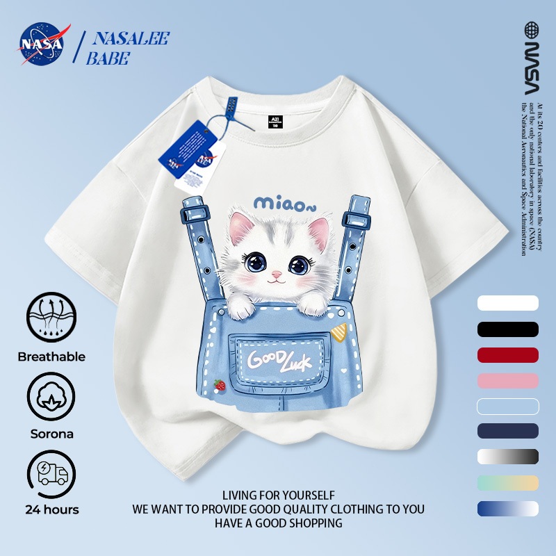 Áo thun ngắn tay NASA in hình hoạt hình cho trẻ em, áo thun cotton mùa hè cho trẻ em