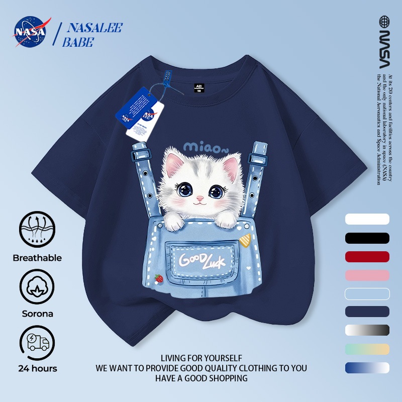 Áo thun ngắn tay NASA in hình hoạt hình cho trẻ em, áo thun cotton mùa hè cho trẻ em